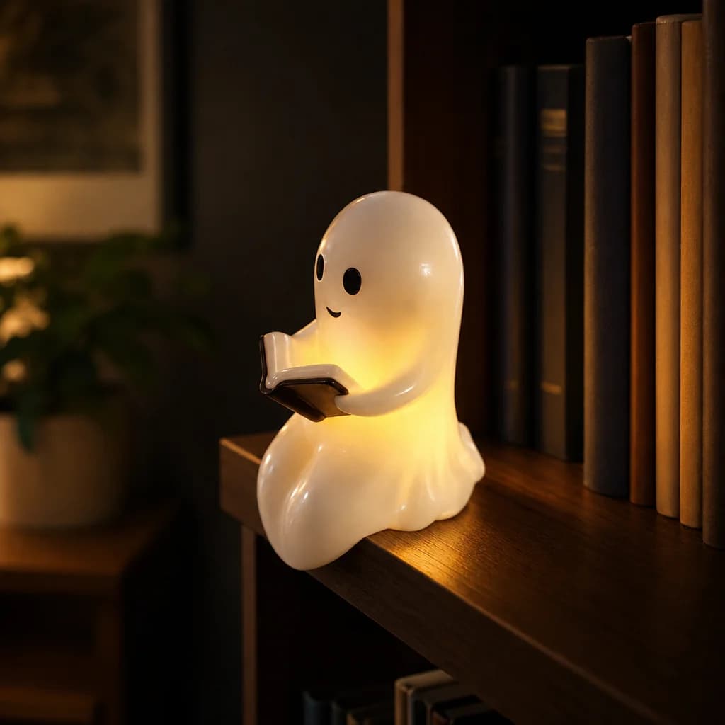 Chapter ceramic ghost night light glowing on the edge of a bookshelf